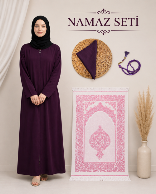 Kadın Namaz Seti Fermuarlı Viskon Namaz Elbisesi Örtü İnci Tesbih Seccade M1001