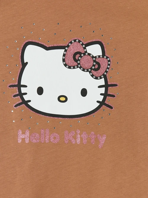 Kahverengi Bisiklet Yaka Hello Kitty Baskılı Kız Çocuk Tişört