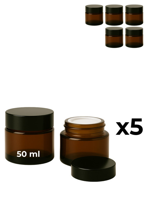 5’li 50 ml Amber Cam Krem Kavanozu + Siyah Kapak