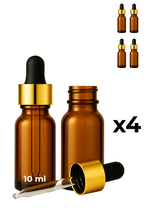 4’lü 10 ml Amber Cam Serum Şişesi + Gold (Altın) Metal Kapaklı Siyah Uçlu Damlalık