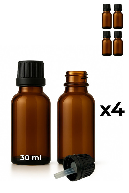 4’lü 30 ml Amber Cam Serum Şişesi + Siyah İçten Damlalıklı Kapak