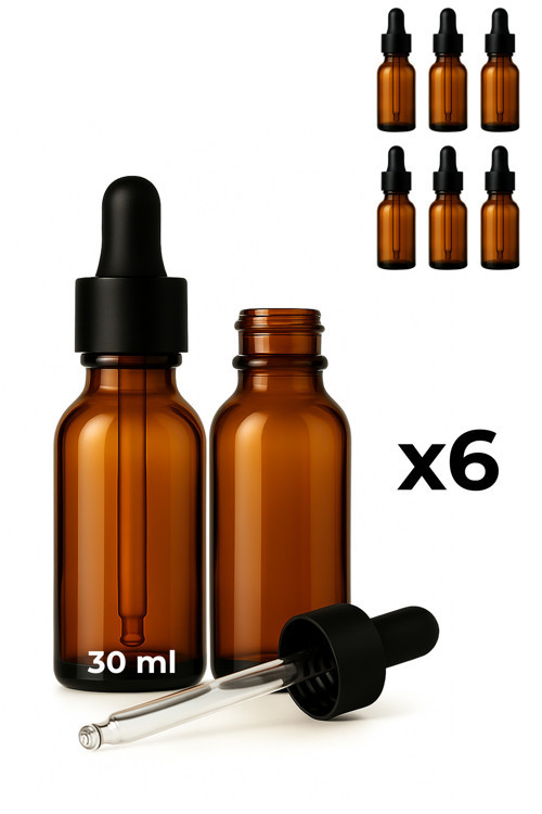 6’lı 30 ml Amber Cam Serum Şişesi + Siyah Metal Kapaklı Siyah Uçlu Damlalık
