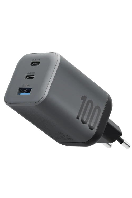 AmpCharge Mini 100 2 Adet 100W Type-C ve 1 Adet 30W USB Çıkışlı PD PPS QC 3.0 GaN Hızlı Şarj Aleti - Siyah