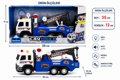 City Truck Işıklı Müzikli Kurtarma Kamyonu – Hareketli Vinçli Oyuncak Çekici (35 Cm)
