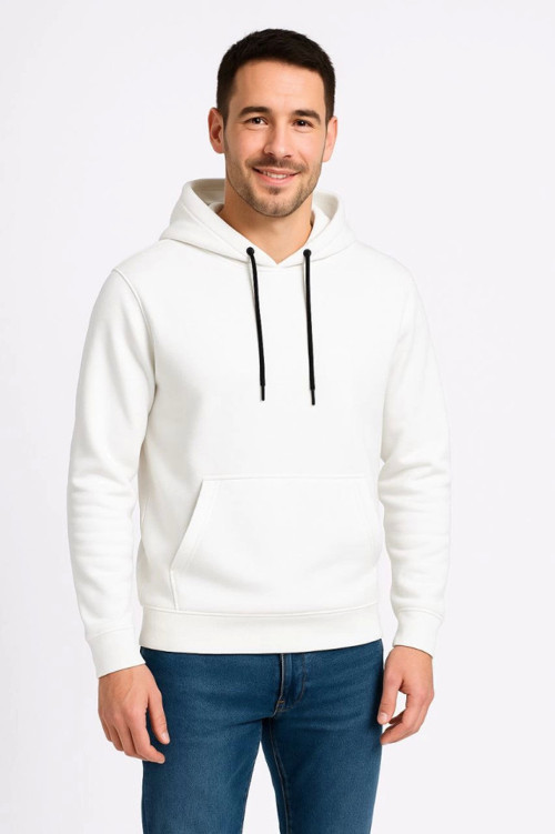 Erkek Üç İplik Kapüşonlu Kanguru Cepli SweatShirt Hoodie - Beyaz - L - Beyaz