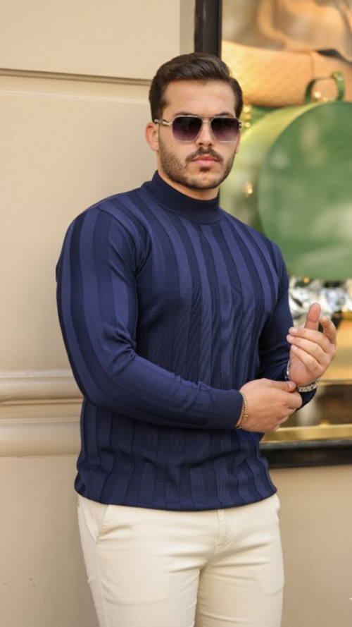 Erkek Yarım Balıkçı Yaka Kabartma Desenli Triko - 2XL - Lacivert