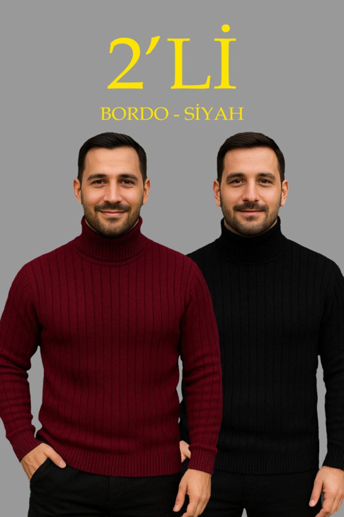 Erkek Fitilli Triko Kazak 2li Set Bordo Siyah Regular Balıkcı Yaka Tam Boğazlı Triko Seti Modeli Kazak - 2XL - Çok Renkli