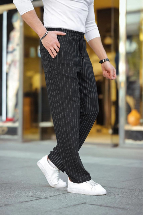 Erkek Cizgili Dokuma Krep Jogger Buggy Pantalon Rahat Kalıp - Siyah - S - Siyah