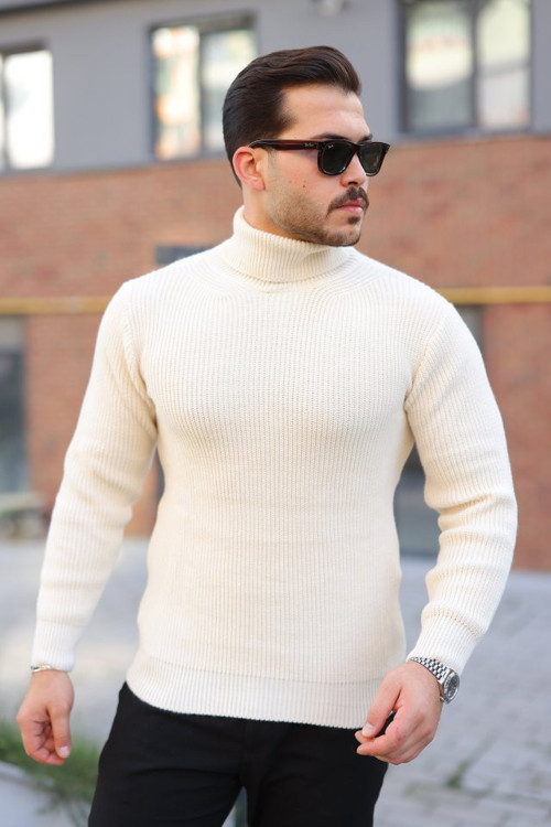 Erkek Boğazlı Örme Kazak - 2XL - Açık Krem