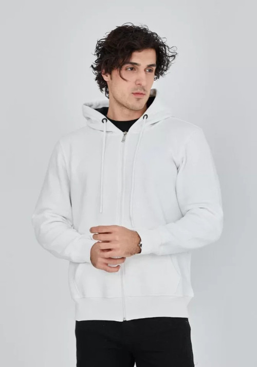 Unisex Tam Fermuarlı Kapşonlu SweatShirt - Beyaz - XL - Beyaz