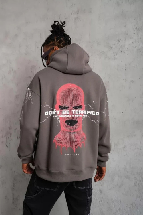 Erkek Maske Baskılı Kapüşonlu Sweat - Gri - S - Gri