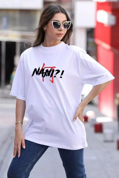 Unisex Bisiklet Yaka Baskılı Oversize T-Shirt - Beyaz - S - Beyaz