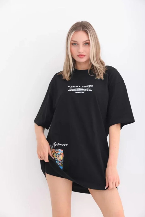 Unisex Bisiklet Yaka Baskılı Oversize T-Shirt - Siyah - S - Siyah