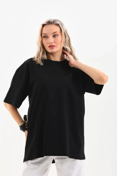 Unisex Bisiklet Yaka 20/1 Düz Oversize T-Shirt - Siyah - S - Siyah