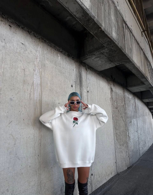 Oversize Üç İplik Bisiklet Yaka Baskılı SweatShirt - Beyaz - M - Beyaz