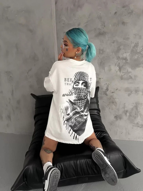 Unisex Baskılı Oversize T-Shirt - Beyaz - S - Beyaz