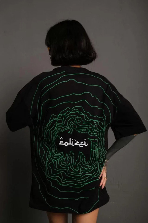 Bisiklet Yakalı Sırt Baskılı Oversize T-Shirt - Siyah - L - Siyah