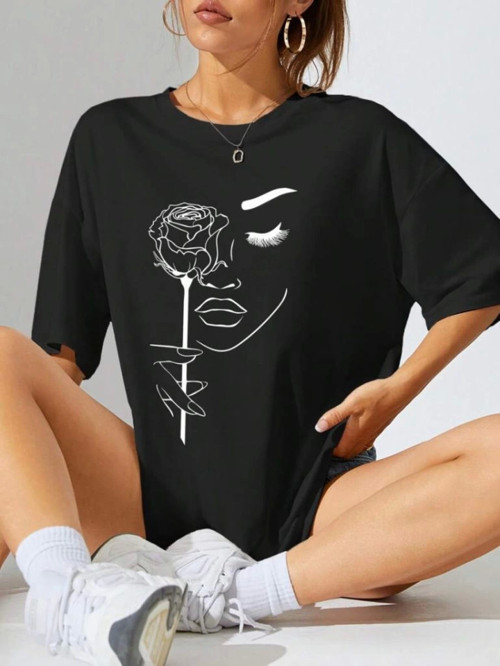 Baskılı Oversize T-shirt - Siyah - L - Siyah