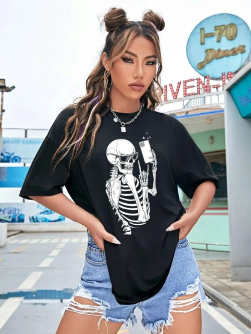 Baskılı T-shirt - Siyah - L - Siyah