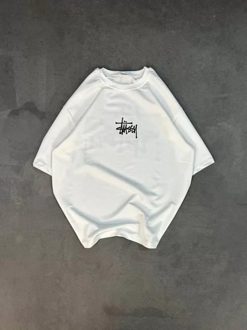Unisex Bisiklet Yaka Baskılı Oversize T-Shirt - Beyaz - S - Beyaz