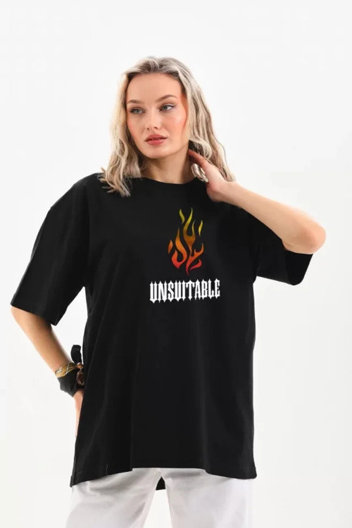 Unisex Bisiklet Yaka Baskılı Oversize T-Shirt - Siyah - XL - Siyah