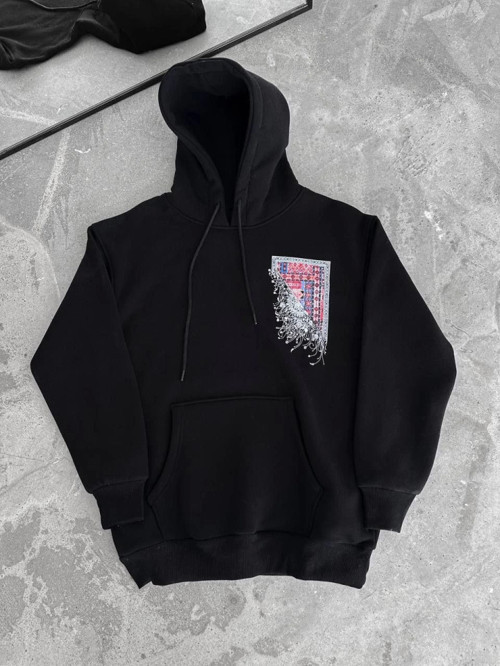 Uzun Kol Kapşonlu Ön Ve Arka Baskılı SweatShirt - Siyah - 2XL - Siyah