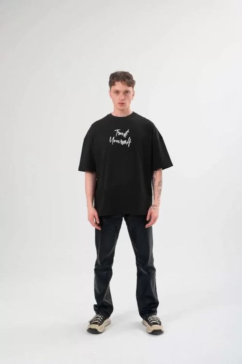 Unisex Bisiklet Yaka Baskılı Oversize T-Shirt - Siyah - S - Siyah