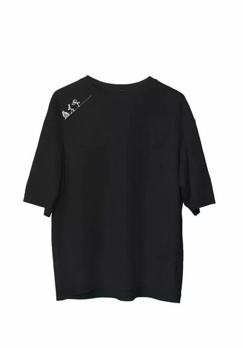 Unisex Bisiklet Yaka Baskılı Oversize T-Shirt - Siyah - S - Siyah