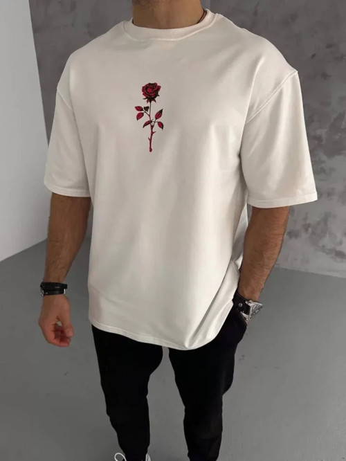 Unisex Bisiklet Yaka Baskılı Oversize T-Shirt - Beyaz - XL - Beyaz