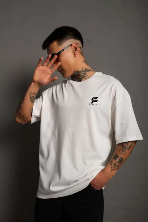Unisex Bisiklet Yaka Baskılı Oversize T-Shirt - Beyaz - M - Beyaz