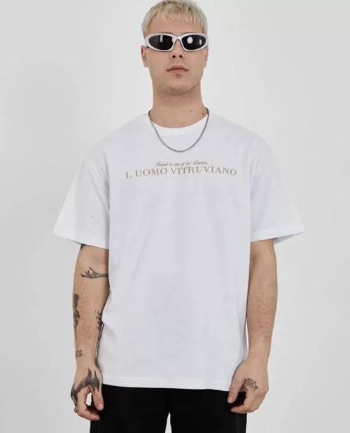 Unisex Bisiklet Yaka Baskılı Oversize T-Shirt - Beyaz - S - Beyaz