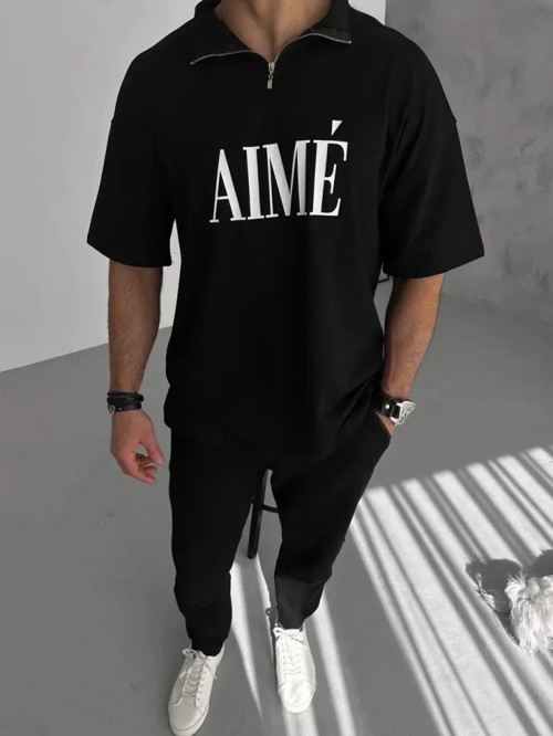 Unisex Yarım Fermuarlı Baskılı T-Shirt - Siyah - XL - Siyah