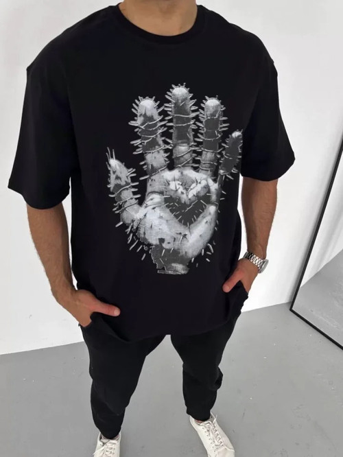 Unisex Bisiklet Yaka Baskılı Oversize T-Shirt - Siyah - M - Siyah