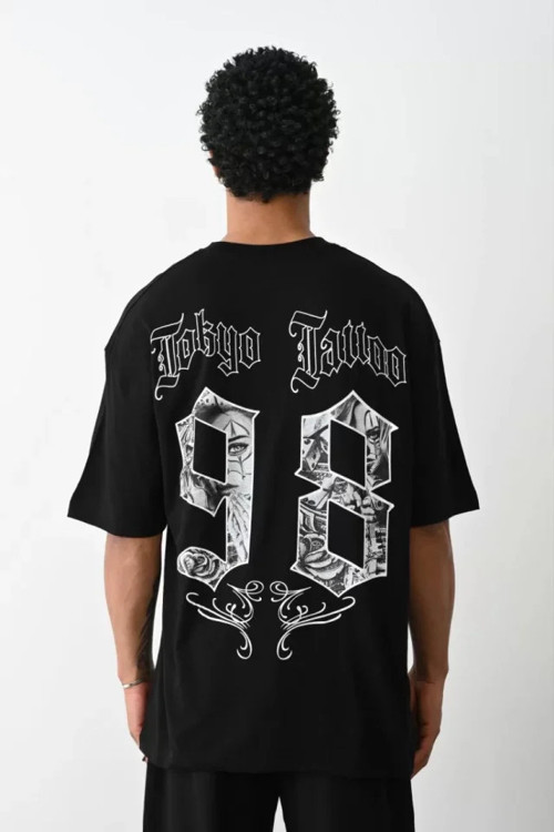 Unisex Baskılı Oversize T-Shirt - Siyah - XL - Siyah