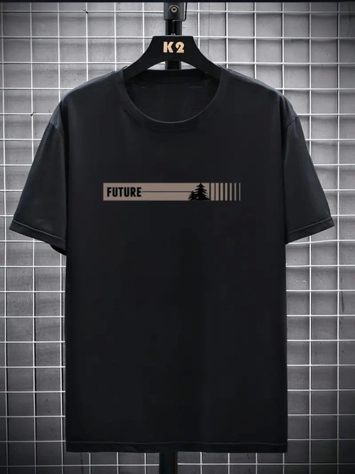 Baskılı Oversize Bisiklet Yaka T-shirt - Siyah - L - Siyah