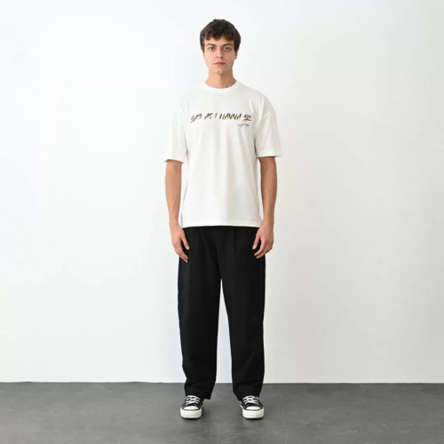 Unisex Bisiklet Yaka Baskılı Oversize T-Shirt - Beyaz - L - Beyaz