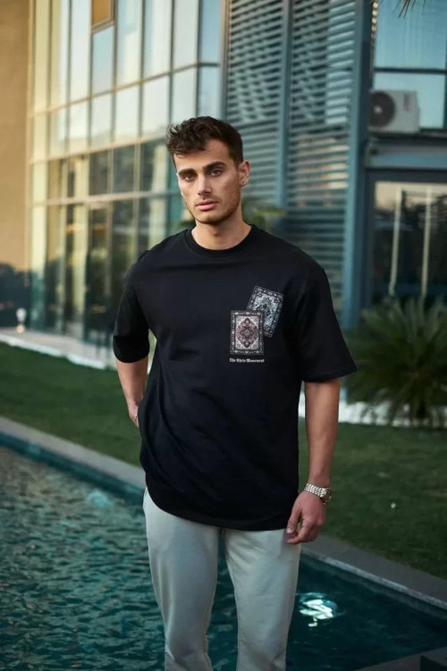 Unisex Bisiklet Yaka Baskılı Oversize T-Shirt - Siyah - S - Siyah
