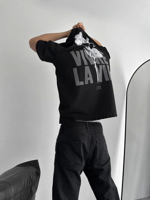 Baskılı Oversize Bisiklet Yaka T-shirt - Siyah - XL - Siyah