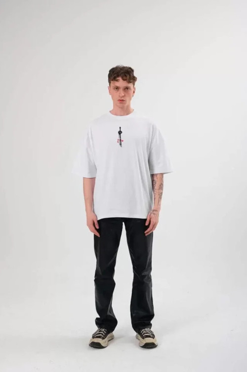 Unisex Bisiklet Yaka Baskılı Oversize T-Shirt - Beyaz - M - Beyaz