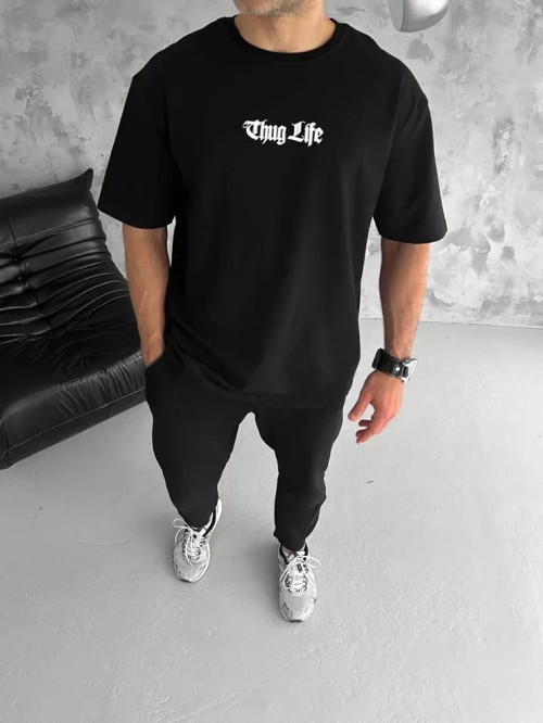 Unisex Bisiklet Yaka Baskılı Oversize T-Shirt - Siyah - M - Siyah