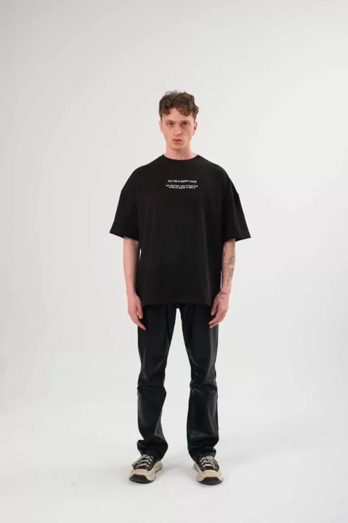 Unisex Bisiklet Yaka Baskılı Oversize T-Shirt - Siyah - M - Siyah