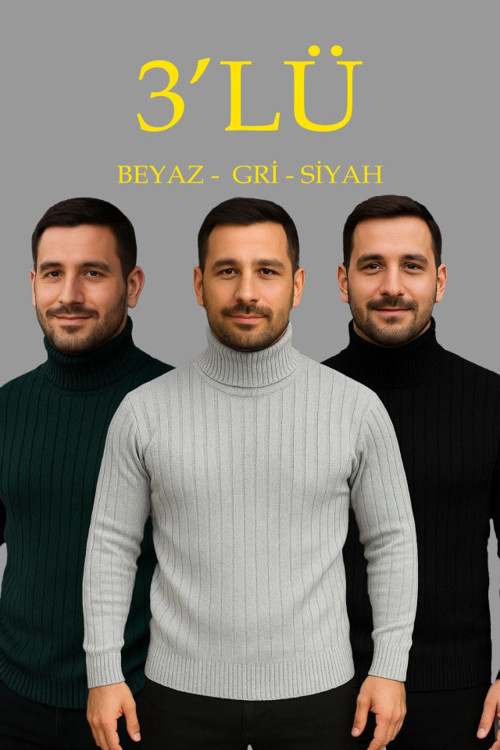 Erkek Fitilli Triko Kazak 3lÜ Set Gri Haki Siyah Regular Balıkcı Yaka Tam Boğazlı Triko Seti Modeli Kazak - S - Çok Renkli