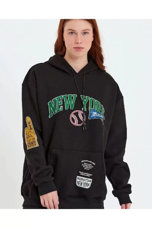 Baskılı Kapüşonlu Sweatshirt - Siyah - S - Siyah