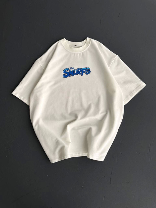 Ön Ve Arka Baskılı Oversize Bisiklet Yaka T-shirt- Beyaz - L - Beyaz