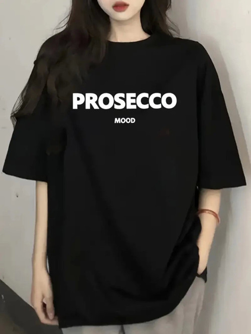 Baskılı Oversize Bisiklet Yaka T-shirt - Siyah - M - Siyah