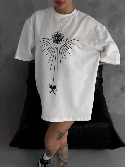 Unisex Bisiklet Yaka Baskılı Oversize T-Shirt - Beyaz - L - Beyaz