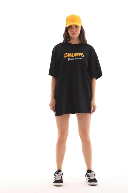 Unisex Bisiklet Yaka Baskılı Oversize T-Shirt - Siyah - XL - Siyah