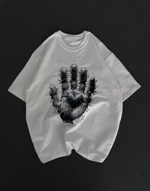 Unisex Bisiklet Yaka Baskılı Oversize T-Shirt - Beyaz - S - Beyaz