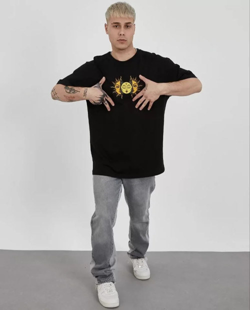 Unisex Bisiklet Yaka Baskılı Oversize T-Shirt - Siyah - XL - Siyah