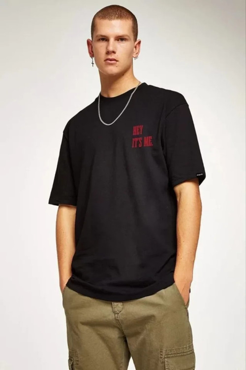 Unisex Bisiklet Yaka Oversize Baskılı T-Shirt - Siyah - L - Siyah